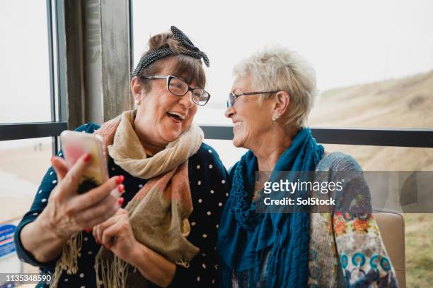 old friends catching up - elder lady two stockfoto's en -beelden