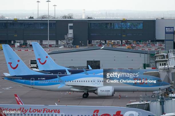 Boeing 737 Max-8 aircraft is parked at Manchester Airport on March 12, 2019 in Manchester, England. The Civil Aviation Authority has grounded Boeing...