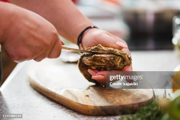 mulheres novas que preparam ostras frescas - oyster shell - fotografias e filmes do acervo