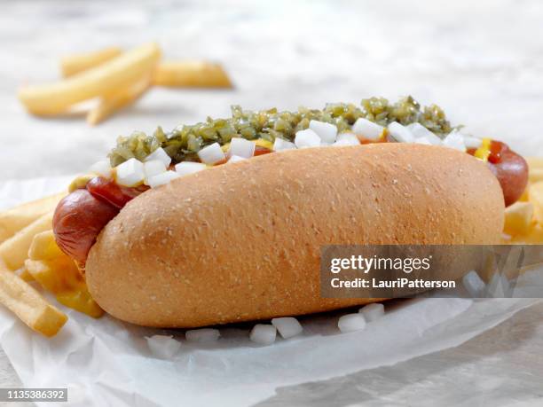 hot dog cargado con papas fritas - picadillo fotografías e imágenes de stock