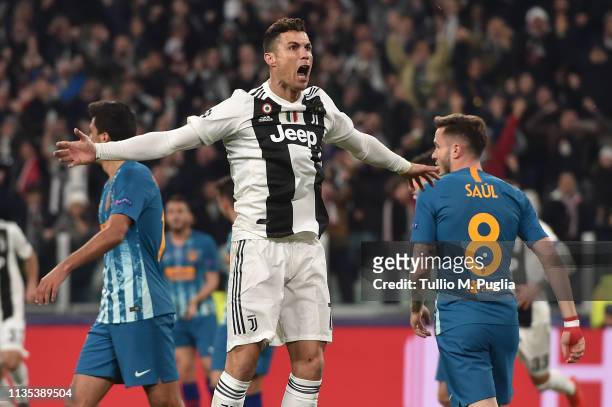 Cristiano Ronaldo of Juventus celebrates after scoring the opening goal during the UEFA Champions League Round of 16 Second Leg match between...