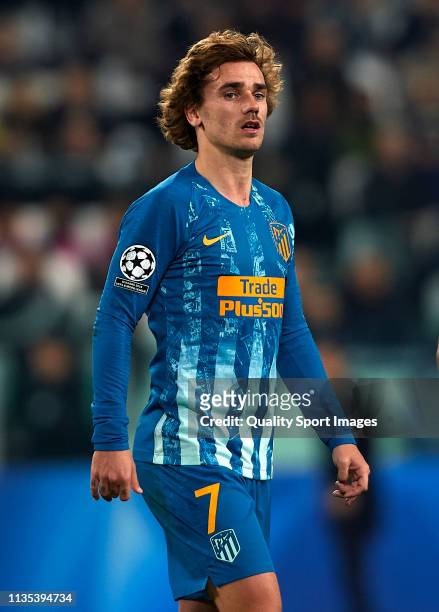 Antoine Griezmann of Atletico de Madrid looks on during the UEFA Champions League Round of 16 Second Leg match between Juventus and Club Atletico de...