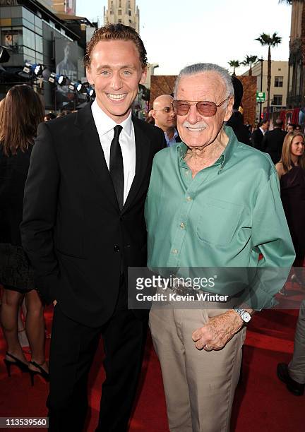 Actor Tom Hiddleston and author Stan Lee arrive at the premiere of Paramount Pictures' and Marvel's "Thor" held at the El Capitan Theatre on May 2,...