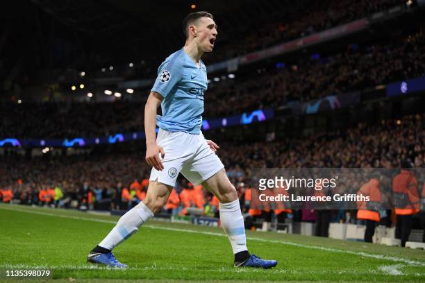 Phil Foden of Manchester City celebrates after he scores his team's sixth goal during the UEFA Champions League Round of 16 Second Leg match between...