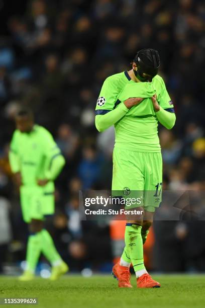 Benjamin Stambouli of FC Shalke 04 reacts at the full time whistle during the UEFA Champions League Round of 16 Second Leg match between Manchester...