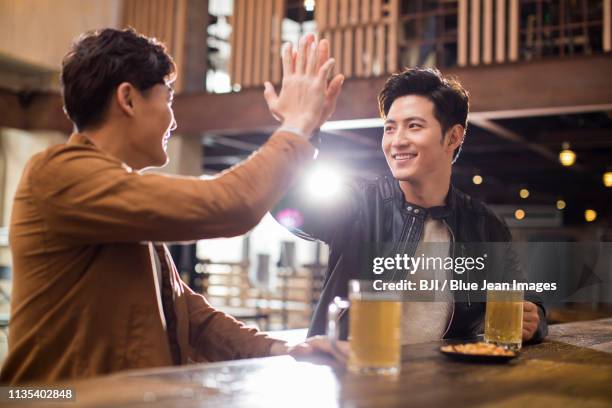 happy young men doing high five in bar - only young men stock pictures, royalty-free photos & images
