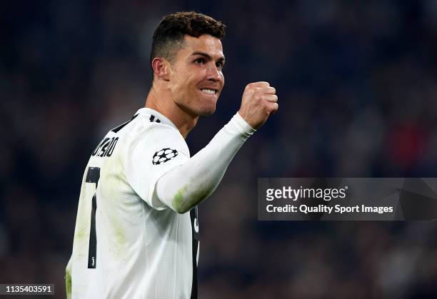 Cristiano Ronaldo of Juventus celebrates following his sides victory in the UEFA Champions League Round of 16 Second Leg match between Juventus and...