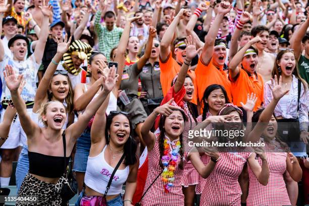 Fans having fun during the day two of the Cathay Pacific/HSBC Hong Kong Sevens Pool D match between USA and England at the Hong Kong Stadium on April...