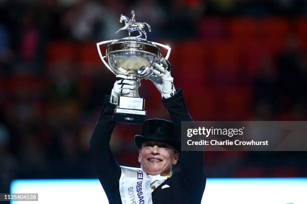 Isabell Werth or Germany celebrates winning on Weihegold during the Dressage Competition - Grand Prix Freestyle Final during the Gothenburg Horse...