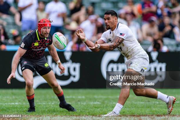 Martin Iosefo of USA in action during the day two of the Cathay Pacific/HSBC Hong Kong Sevens Pool D match between USA and England at the Hong Kong...