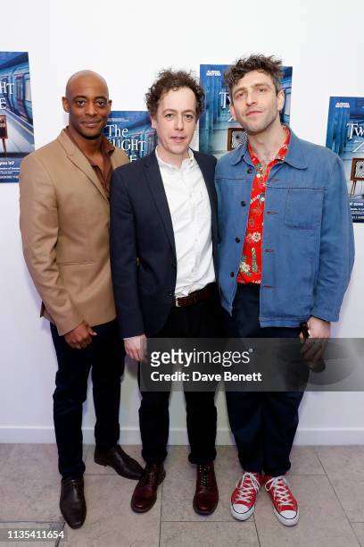 Oliver Alvin-Wilson, Matthew Steer and Nicholas Karimi attend the press night after party for "The Twilight Zone" at The h Club on March 12, 2019 in...