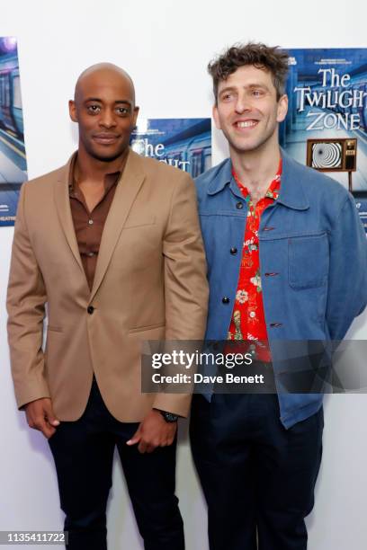 Oliver Alvin-Wilson and Nicholas Karimi attend the press night after party for "The Twilight Zone" at The h Club on March 12, 2019 in London, England.