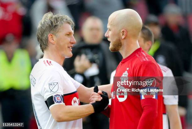 April 6 At the end of the game, Chicago Fire midfielder Bastian Schweinsteiger greets Toronto FC midfielder Michael Bradley . The Toronto Football...