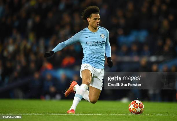 Manchester City player Leroy Sane in action during the UEFA Champions League Round of 16 Second Leg match between Manchester City v FC Schalke 04 at...