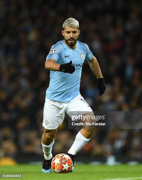 Manchester City player Sergio Aguero in action during the UEFA Champions League Round of 16 Second Leg match between Manchester City v FC Schalke 04...