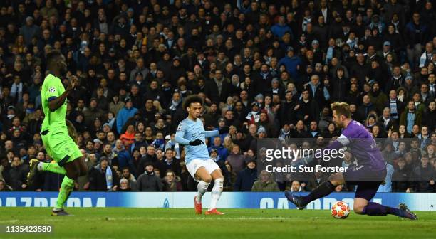 Manchester City player Leroy Sane scores the 3rd goal during the UEFA Champions League Round of 16 Second Leg match between Manchester City v FC...
