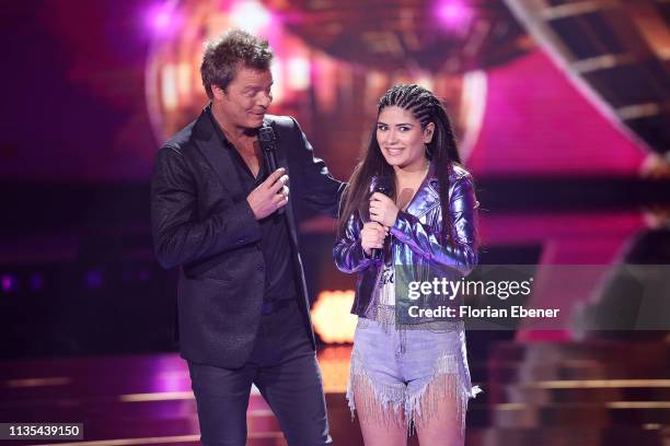 Oliver Geissen and Joana Kesenci during the first event show of the tv competition "Deutschland sucht den Superstar" at Coloneum on April 6, 2019 in...