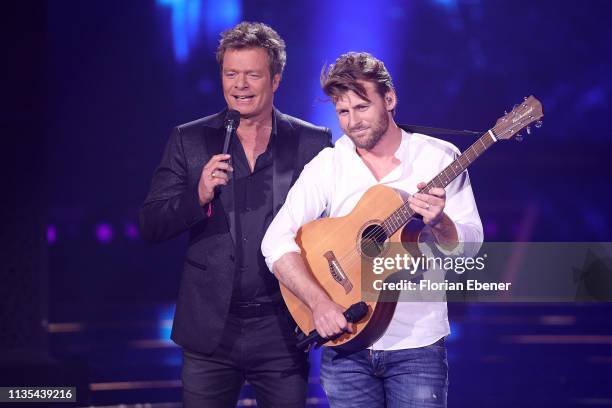 Oliver Geissen and Nick Ferretti during the first event show of the tv competition "Deutschland sucht den Superstar" at Coloneum on April 6, 2019 in...