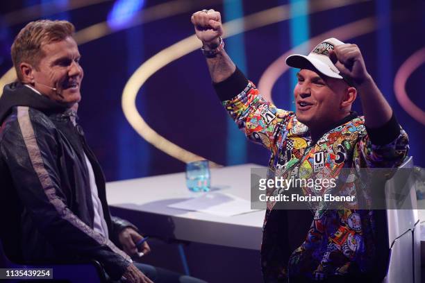 Dieter Bohlen and Pietro Lombardi during the first event show of the tv competition "Deutschland sucht den Superstar" at Coloneum on April 6, 2019 in...