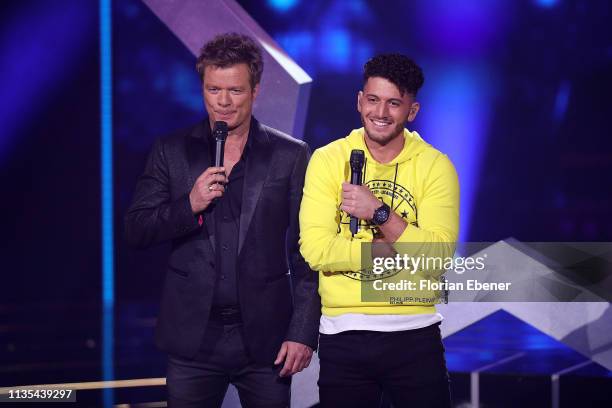 Oliver Geissen and Momo Chahine during the first event show of the tv competition "Deutschland sucht den Superstar" at Coloneum on April 6, 2019 in...