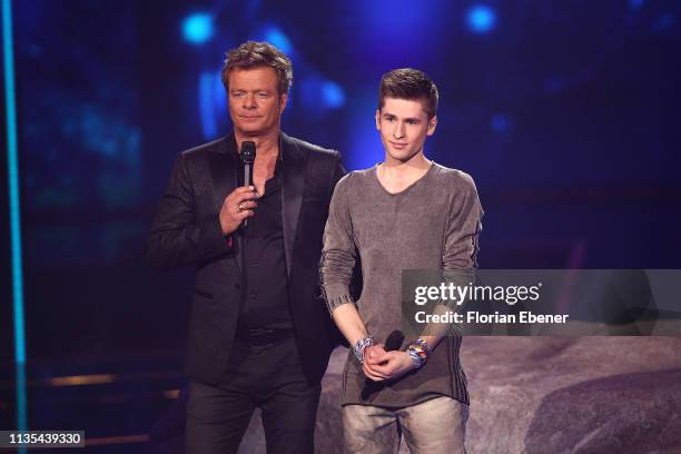 Oliver Geissen and Taylor Luc Jacobs during the first event show of the tv competition "Deutschland sucht den Superstar" at Coloneum on April 6, 2019...