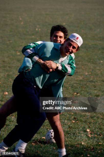 Richard Steinmetz playing soccer in Central Park, appearing on the Walt Disney Television via Getty Images soap opera 'Loving'.