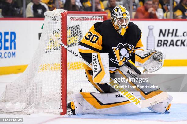 Pittsburgh Penguins Goalie Matt Murray tends net during the third period in the NHL game between the Pittsburgh Penguins and the New York Rangers on...