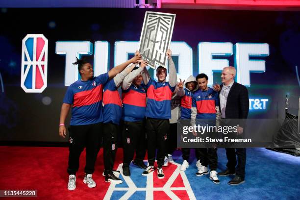 76ers Gaming Club pose for a photo with the Tip Off Trophy and Managing Director Brendan Donohue after beating Celtics Crossover Gaming during the...