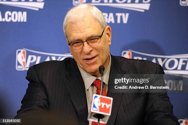 Head Coach Phil Jackson of the Los Angeles Lakers fields questions from the media following his team's loss to the Dallas Mavericks in Game One of...