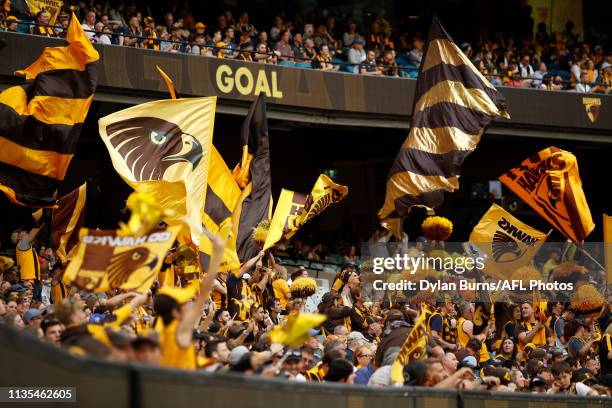 Hawthorn supporters celebrate a goal during the 2019 AFL round 03 match between the Hawthorn Hawks and the North Melbourne Kangaroos at the Melbourne...