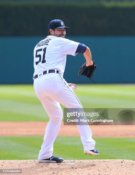 Matt Moore of the Detroit Tigers throws a warm-up pitch during the game against the Kansas City Royals at Comerica Park on April 6, 2019 in Detroit,...