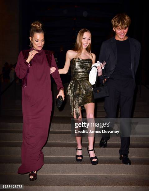 Kate Moss, Lila Hack and Jordan Barrett leave wedding reception for Char Defrancesco and Marc Jacobs at The Grill and The Pool on April 6, 2019 in...