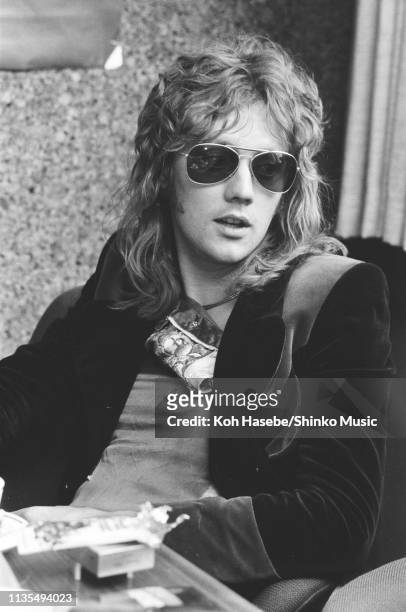 Roger Taylor of Queen being interviewed at the band's office in London for Japanese music magazine 'Music Life', 13th June 1974.