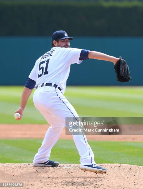 Matt Moore of the Detroit Tigers throws a warm-up pitch during the game against the Kansas City Royals at Comerica Park on April 6, 2019 in Detroit,...