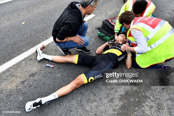 Dutch Niki Terpstra of Direct Energie lies on the ground after falling during the 103rd edition of the 'Ronde van Vlaanderen - Tour des Flandres -...