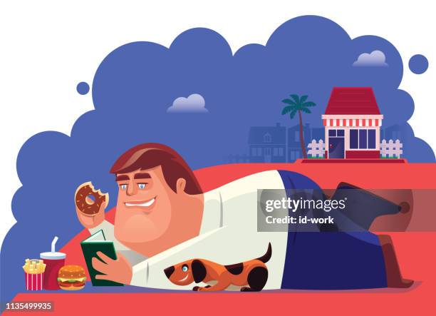 fat man reading book with junk food - fat guy eating donuts stock illustrations