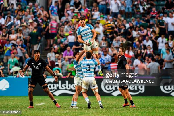 Santiago Alvarez jumps for the ball during a line out against New Zealand during the Plate final on the Third day at the Hong Kong Sevens rugby...