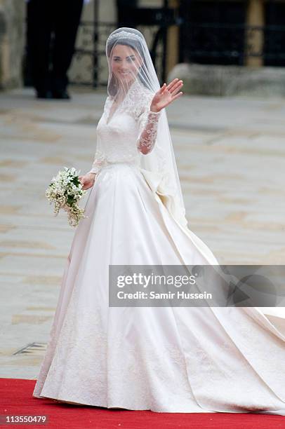 Catherine Middleton arrives to attend her Royal Wedding to Prince William at Westminster Abbey on April 29, 2011 in London, England. The marriage of...