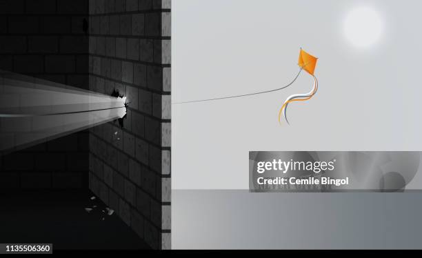 orange colored kite flying free in the sky - trapped wind stock illustrations