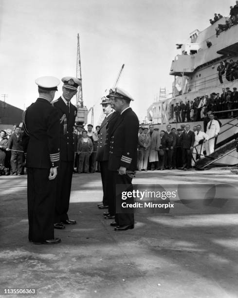 The Duke of Edinburgh is at Vickers Armstrongs yard at Barrow-in-Furness to lay the keel of Britain's first nuclear powered submarine, Dreadnought,...