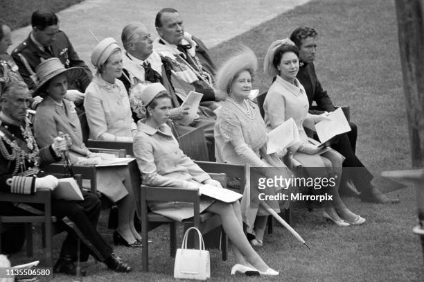 Sitting in the front, Princess Anne, The Queen Mother, Princess Margaret and Lord Snowdon at the Investiture of Prince Charles at Caernarfon Castle,...