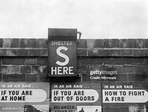 Air Raid Shelter signs seen here in Derby, Circa October 1939.