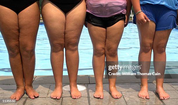 Group of girls wait for the start of a water aerobics class at New Image Weight Loss Camp at Camp Pocono Trails July 19, 2002 in Reeders,...