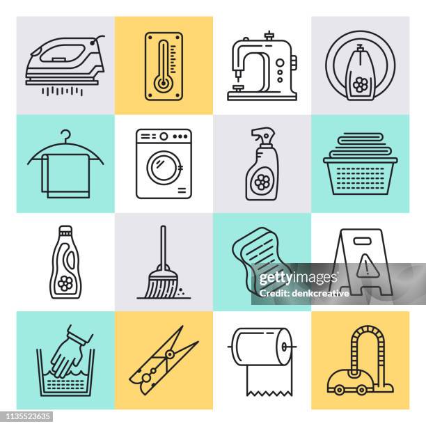 cleaning services industry outline style vector icon set - machine infographic stock illustrations