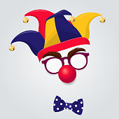 Jester hat with clown glasses and red nose