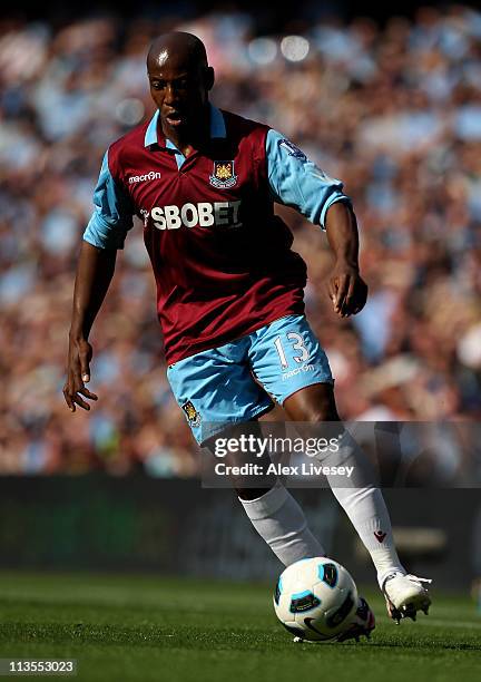 Luis Boa Morte of West Ham United in action during the Barclays Premier League match between Manchester City and West Ham United at the City of...