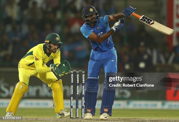 Vijay Shankar of India bats during game five of the One Day International series between India and Australia at Feroz Shah Kotla Ground on March 13,...