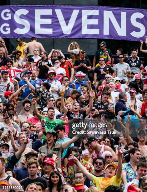 Fans attend on day three of the Cathay Pacific/HSBC Hong Kong Sevens at the Hong Kong Stadium on April 7, 2019 in Hong Kong.