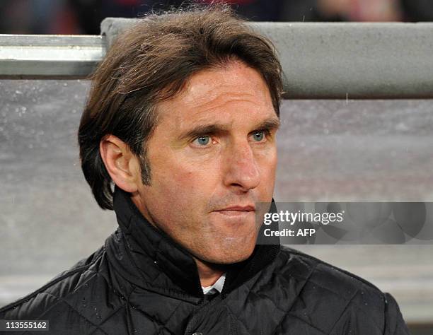 Stuttgart's head coach Bruno Labbadia looks on prior the UEFA Europa League, round of 32, football match VfB Stuttgart vs Benfica, in Stuttgart,...