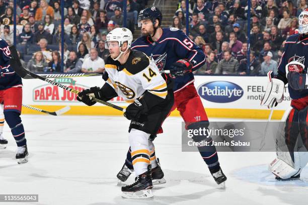 Adam McQuaid of the Columbus Blue Jackets skates against the Boston Bruins on March 12, 2019 at Nationwide Arena in Columbus, Ohio.